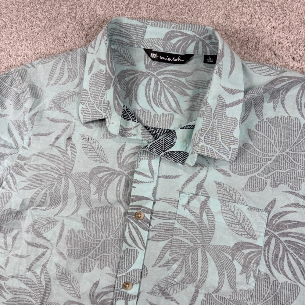 Travis Mathew Button Up Mens Large Mint Green Floral Tropical Leaf 1MY478